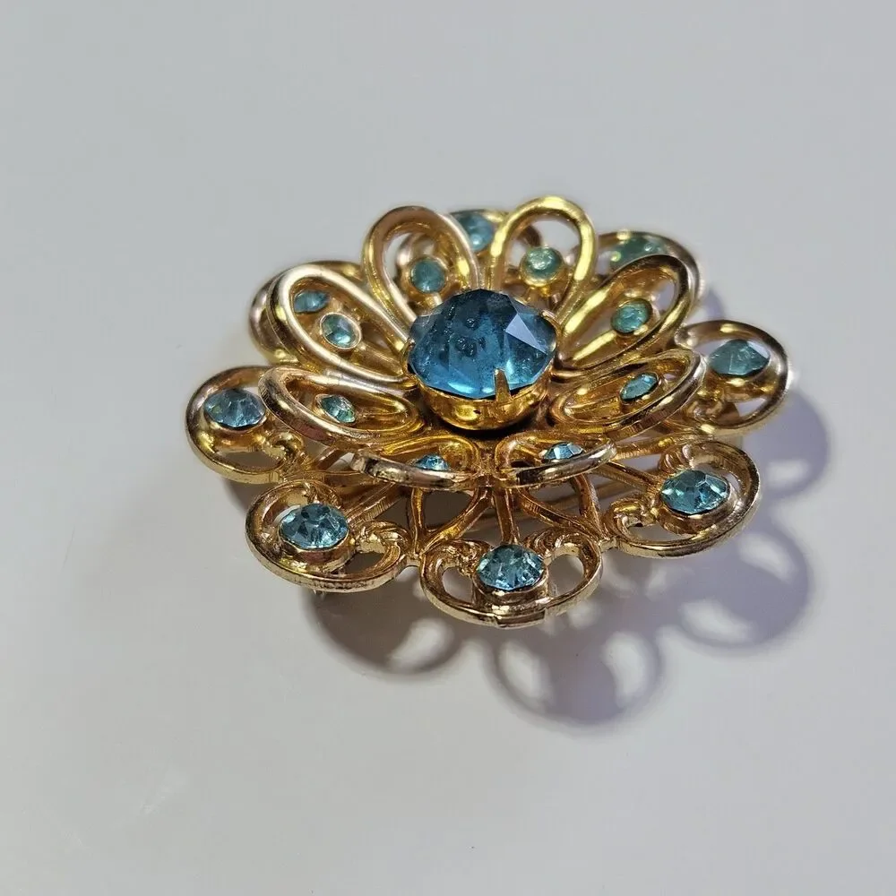 Vintage Coro Brooch Flower Blue Rhinestones Gold Tone Signed Pin